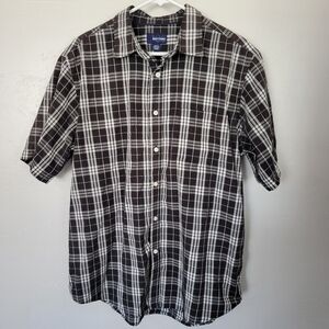 Basic Editions Men's Large Short Sleeve Plaid Button Up Shirt Black White Dress